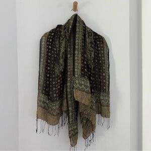 Vintage early 1900s black & gold Kashmiri paisley silk shawl scarf
